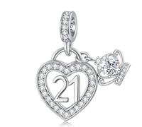 QeenseKc Birthday Number 21st Heart Dangle Charm Crown Bead Compatible with Pandora Bracelet Women