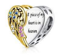 QeenseKc Guardian Angel Wing Heart Charm Compatible with Pandora Bracelet | memorial bead,engraved A piece of my heart is in heaven quote,friendship,feather,copper,women,pendant,gift for her,open heart