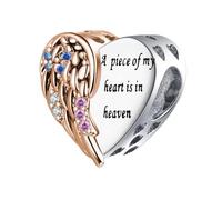 QeenseKc Guardian Angel Wing Heart Charm Compatible with Pandora Bracelet, Middle, Metal, No Gemstone