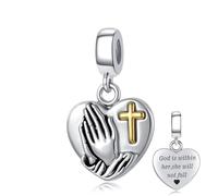 QeenseKc Praying Hands Cross Heart Dangle Charm Bible Verse Engraved Psalm 46:5 Bead Compatible with Pandora Bracelet Women