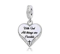 QeenseKc Religious Heart Charm Compatible with Pandora Bracelet Engraved With God All Things Are Possible Inspirational Jewelry Gift for Women