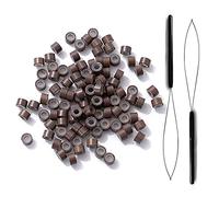 QEEQPF 300 Pcs 5mm Silicone Lined Links Beads, Linkies for Bonding Human Hair Feather Extensions and 2 Extension Loop Needle Threader Pulling Hook Tool or Extensions. (Brown)