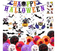 QEEQPF 45pcs Halloween Party Decoration Kit with 2pcs Tattoo Stickers, Balloons, Banners, Hanging Swirls, 3D Bat Wall Sticker Halloween Decoration Accessories for Halloween Party, Bar