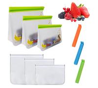 QEEQPF 6-Piece Reusable PEVA & PP Food Bags with 3-Piece Clips, Clear, Zip-Sealing, Freezer & Fridge Safe, 3 Sizes, 26*7*18.5cm, 21.8*6*15.5cm, 16*4.5*11.5cm, 26*20cm, 21.5*18cm, 21.5*12cm