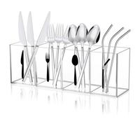 QEEYON Acrylic Cutlery Storage Organizer Bin with Straw Holder, Clear Acrylic Silverware Caddy Utensil Holder 4 Section Plastic Cutlery Caddy Straw Organizer for Countertop Kitchen Party Buffet Picnic