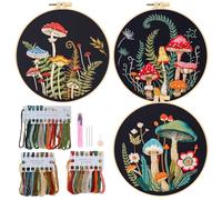 QEEYON Embroidery Kit with 3 Mushroom Patterns Fabric, Embroidery Starter Kit Adults, DIY Arts Stitch Craft Set with 3 Hoops, Fabric, Thread & Needles,Video Tutorial Instruction, 30 x 30 cm