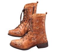 QEFRETH Winter Floral Embroidered Booties for Women Lace Up Leather Mid Heel Booties Comfortable Round Toe Waterproof Mid Calf Casual Walking Shoes Wide Fit Non Slip Round Toe Side Zipper Shoes