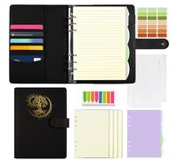 Qefuna A5 Refillable Ring Binder Notebook,with 180 Sheets Refill Paper, PU Cover with Foil Embossed Sun Tree of Life Pattern, with Pockets and Dividers-Black