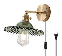 QEGY Vintage Indoor Wall Light with Plug and Cable, Green Glass Wall Sconce with Switch E27 Bedside Wall Lamp Adjustable Bathroom Mirror Light Brass for Bedroom Restaurant Corridor