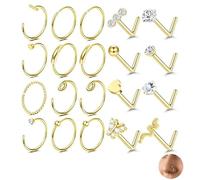Qehyuelefu 20 PCS 20G Gold Nose Ring,Thin Hypoallergenic Surgical Steel L-Shape Nose Stud with Diamond, Nose Rings Hoop Set, 1.5mm 2.5mm 3mm Nose Piercing Jewellery for Women