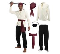 QEKFDOV 5 Pcs Pirate Costume Accessories Set,Men Medieval Pirate Costume with Bandana Waist Belt Eye Patch for Halloween Captain Carnival. (L)
