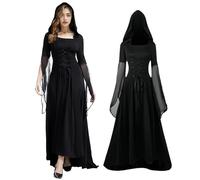 QEKFDOV Women's Medieval Dress,Halloween Vintage Hooded Witch Cloak,Renaissance Gothic Victorian Flare Sleeve Dress Halloween Cosplay (A, L)