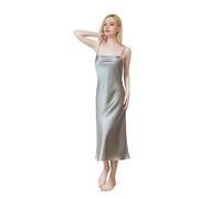 QENSILK Women’s 19 Momme Mulberry Silk Nightgown Cowl-neck Chemise Midi Sleepwear Spaghetti-strap Nightdress Slip Dress, Silver, M