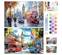 QENSPE 2 Pack Paint by Numbers Kit London, Stretched Canvas Boards for Painting for Adults Buses, Wrinkle-Free Acrylic Oil Painting for Students Beginners, Drawing Party Supplies (20x30 cm)