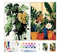 QENSPE 2 Pack Paint by Numbers Kit Plants, Stretched Canvas Boards for Painting for Adults Large Leaves, Wrinkle-Free Acrylic Oil Painting for Students Beginners, Drawing Party Supplies (20x30 cm)