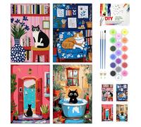 QENSPE 4 Pack Paint by Numbers Kit Cats, Stretched Canvas Boards for Painting for Adults Retro, Wrinkle-Free Acrylic Oil Painting for Students Beginners, Drawing Party Supplies (20x30 cm)
