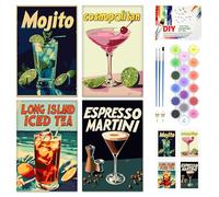QENSPE 4 Pack Paint by Numbers Kit Cocktails, Stretched Canvas Boards for Painting for Adults Retro, Wrinkle-Free Acrylic Oil Painting for Students Beginners, Drawing Party Supplies (20x30 cm)