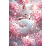 QENSPE 5D Diamond Art Fox, DIY Diamond Painting Kits for Adults, Round Full Drill, Pink Peony Diamonds Dots Mosaic Painting, Crystal Gem Arts Craft for Home Wall Decor 12x16 in