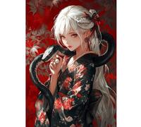 QENSPE 5D Diamond Art Japanese Lady, DIY Diamond Painting Kits for Adults, Round Full Drill, Snake Diamonds Dots Mosaic Painting, Crystal Gem Arts Craft for Home Wall Decor 12x16 in