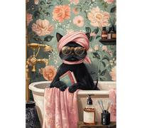 QENSPE 5D Diamond Painting Black Cat Diamond Art Kits for Adults, Round Full Drill Bathroom Diamond Painting Kit with Tools, DIY Crystal Gem Art Craft for Home Wall Decor 12x16 inch