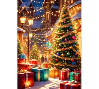 QENSPE 5D Diamond Painting Christmas Tree Diamond Art Kits for Adults, Round Full Drill Christmas Street Diamond Painting Kit for Beginner, DIY Gems Art Craft for Home Wall Decor 12x16 inch