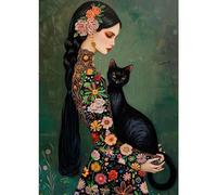 QENSPE 5D Diamond Painting Classical Diamond Art Kits for Adults, Round Full Drill Lady and Black Cat Diamond Painting Kit with Tools for Beginner, DIY Gems Art Craft for Home Wall Decor 12x16 inch
