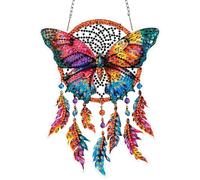 QENSPE Butterfly Diamond Art Hanging Ornaments, Special Shaped Drill Diamond Painting Kits for Adults, Dreamcatcher Crystal Gem Art Pendant 5D Window Crafts for Wall Garden Door Decor, 20cm Width