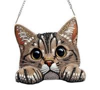 QENSPE Cat Diamond Art Hanging Ornaments, Special Shaped Drill Diamond Painting Kits for Adults, Adorable Animal Crystal Gem Art Pendant 5D Window Crafts for Wall Garden Door Decor, 20cm Width