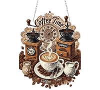 QENSPE Coffee Diamond Art Hanging Ornaments, Special Shaped Drill Diamond Painting Kits for Adults, Clock Crystal Gem Art Pendant 5D Window Crafts for Wall Garden Door Decor, 20cm Width