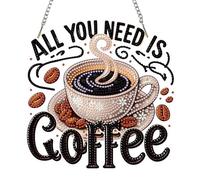 QENSPE Coffee Diamond Art Hanging Ornaments, Special Shaped Drill Diamond Painting Kits for Adults, Coffee Addict Crystal Gem Art Pendant 5D Window Crafts for Wall Garden Door Decor, 20cm Width