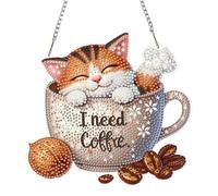 QENSPE Coffee Diamond Art Hanging Ornaments, Special Shaped Drill Diamond Painting Kits for Adults, Kitten Crystal Gem Art Pendant 5D Window Crafts for Wall Garden Door Decor, 20cm Width