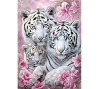 QENSPE Diamond Art Kits for Adults, DIY Diamond Painting White Tiger Family, Round Full Drill, 5D Colourful Diamonds Dots Mosaic Painting, Crystal Gem Arts Craft for Home Wall Decor 30x40cm