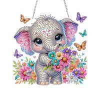 QENSPE Elephant Diamond Art Hanging Ornaments, Special Shaped Drill Diamond Painting Kits for Adults, Flower Crystal Gem Art Pendant 5D Window Crafts for Wall Garden Door Decor, 20cm Width