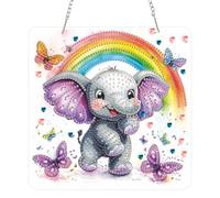 QENSPE Elephant Diamond Art Painting Hanging Kits for Adults and Kids Age 8-12, 5D Special Shape Diamond Dots Kit Rainbow, Crystal Gem Painting Art Crafts for Window, Wall, Door, Garden Decor