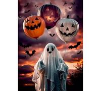 QENSPE Halloween Diamond Art Kits for Adults Beginners, Ghost Diamond Painting Kit Adult, 5D Full Drill Pumpkin Balloon Diamond Dot Gem Art Crystal Home Wall Decor Crafts Gift 16x12 Inch Canvas