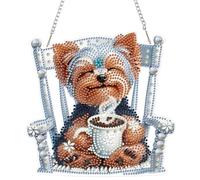 QENSPE Happy Puppy Diamond Art Hanging Ornaments, Special Shaped Diamond Painting Kits for Adults, Coffee Crystal Gem Art Pendant 5D Window Crafts Gift for Room Wall Garden Door and Porch Decor