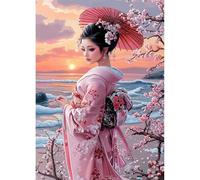 QENSPE Japanese Woman Diamond Art Kits Adults 5d Diamond Painting Cherry Blossoms for Beginners Gem Art Full Round Crystal Canvas Painting DIY Crafts Home Wall Decor 12x16 inch Canvas
