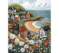 QENSPE Paint by Numbers for Adults - 16x20 Inch Small Town Paint by Numbers Canvas Kits for Students Beginner Without Frame, Beach Acrylic Oil Painting DIY Craft for Gift Home Wall Decor