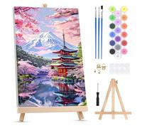 QENSPE Paint by Numbers for Adults on Framed Canvas - with Wooden Easel, Mount Fuji Painting by Number Kit for Beginners, DIY Japanese Temple Acrylic Oil Painting for Home Wall Decor (8x12 inch)