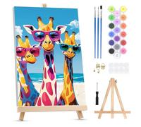 QENSPE Paint by Numbers for Adults on Framed Canvas - with Wooden Easel, Three Giraffes Painting by Number Kit for Beginners, DIY Cartoon Animals Acrylic Oil Painting for Home Wall Decor (8x12 inch)