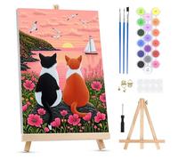 QENSPE Paint by Numbers for Adults on Framed Canvas - with Wooden Easel, Two Cats Painting by Number Kit for Beginners, DIY Sea View Acrylic Oil Painting for Home Wall Decor (8x12 inch)
