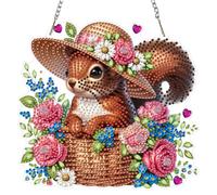 QENSPE Squirrel Diamond Art Kit, DIY Flower Basket Diamond Painting for Adults, Diamonds Pendant Special Shaped Rhinestone Window Hanging Ornaments Home Garden Wall Door Decoration, 20cm Width