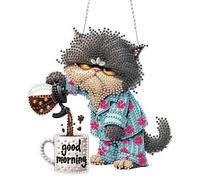 QENSPE Unhappy Cat Diamond Art Hanging Ornaments, Special Shaped Diamond Painting Kits for Adults, Coffee Crystal Gem Art Pendant 5D Window Crafts Gift for Room Wall Garden Door and Porch Decor