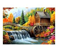 QENSPE Watermill Diamond Art Kits for Adults, DIY Diamond Painting Nature Landscape, Round Full Drill, 5D Colourful Diamonds Dots Mosaic Painting, Crystal Gem Arts Craft for Home Wall Decor 12x16 in
