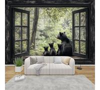 QEODAH Bear Wallpaper for Living Room, Cabin Animal Wall Art for Bedroom, Forest Landscape Wall Mural, Renter Friendly Removable Waterproof Non-Woven Photo Wallpaper 3D, 200x140 cm