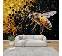 QEODAH Bee Mural Wallpaper for Living Room, Honeybee Insect Wall Art for Bedroom, Honeycomb Wall Murals for Bedrooms, Renter Friendly Removable Waterproof Non-Woven Photo Wallpaper 3D, 150x105 cm