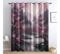 QEODAH Cherry Blossom Curtains 213cm Drop, Japanese Landscape Asian Nature Patterned Blackout Curtains for Bedroom, Living Room Decor, Soft Thermal Insulated Eyelet Drapes for Windows - 2 Panels