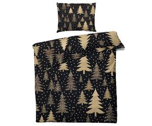 QEODAH Christmas Tree Duvet Cover Emperor Size - Black and Gold Bedding Set of 3 - Reversible Printed Quilt Cover and 2 Pillowcases - 110gsm Soft Brushed Microfiber Bed Set with Zipper Closure