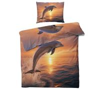 QEODAH Dolphin Bedding Single Bed Set - Sunset Duvet Cover Sets 2 Pieces - Reversible Printed Quilt Cover and 1 Pillowcase - 110gsm Soft Brushed Microfiber, with Zipper Closure