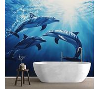 QEODAH Dolphin Wallpaper for Living Room, Underwater Wall Art for Bedroom, Sea Life Blue Ocean Wall Murals for Bedrooms, Renter Friendly Removable Waterproof Non-Woven Photo Wallpaper 3D, 366x254 cm